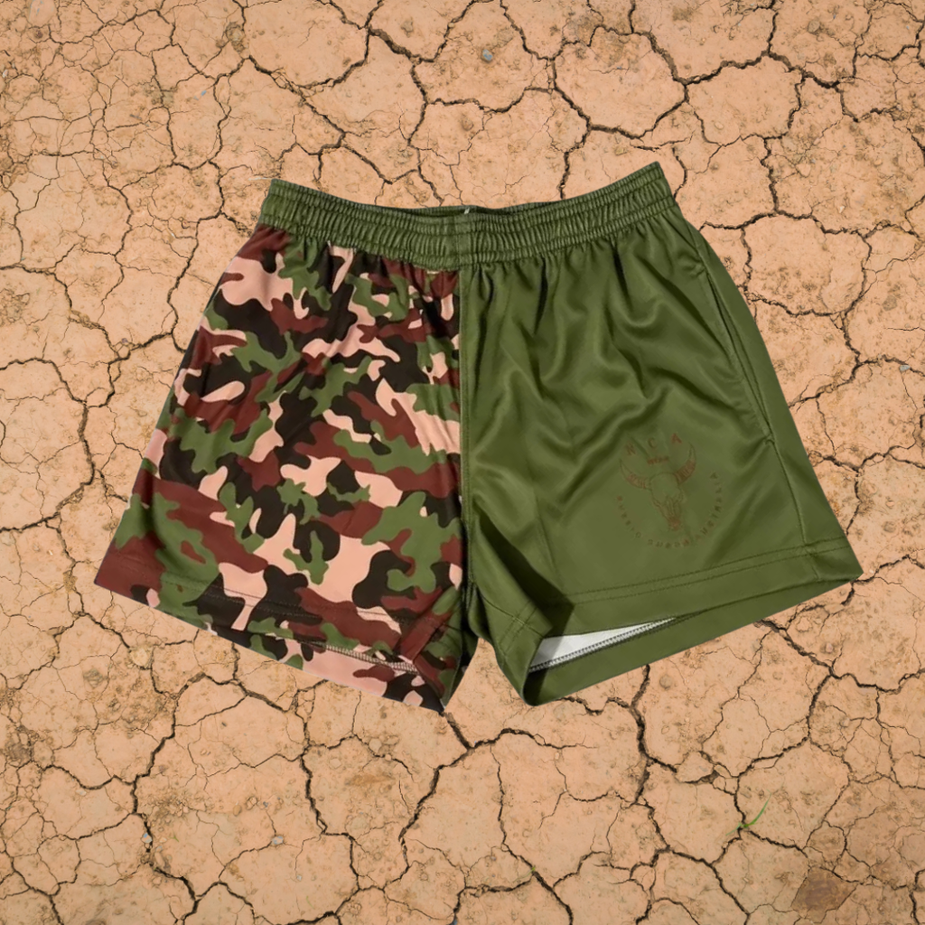 RCA ARMY GREEN CAMO FOOTY SHORTS
